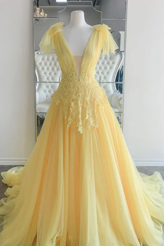 Yellow Deep V-Neck A-Line Appliques Straps Tulle Long Prom Dress