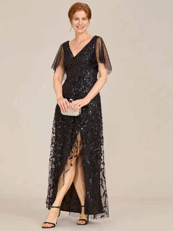 Short Sleeves Sequin High Low V-Neck Midi Mother of the Bride Dress