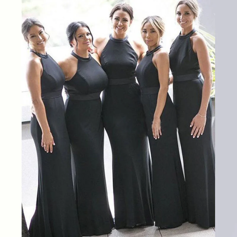 Elegant Sexy Black Halter Backless Mermaid Long Bridesmaid Dress, BD3100