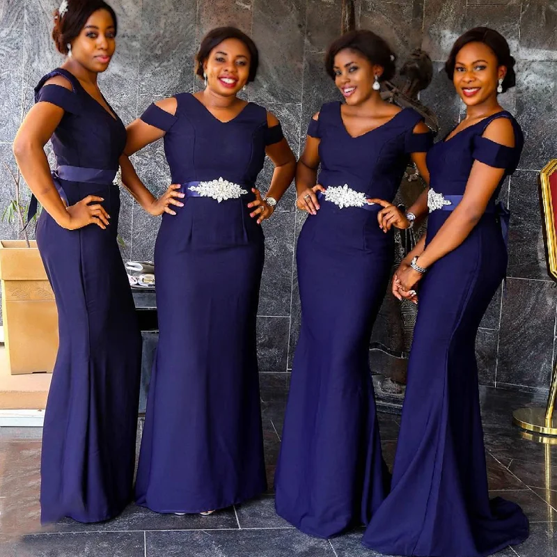 Navy Blue Elegant Cheap Cap-sleeve Mermaid Long Bridesmaid Dress, BD3054