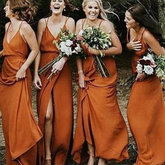 Coral ﻿Spaghetti Strap Simple Cheap A-Line V-Neck Fall Bridesmaid Dress, WG302