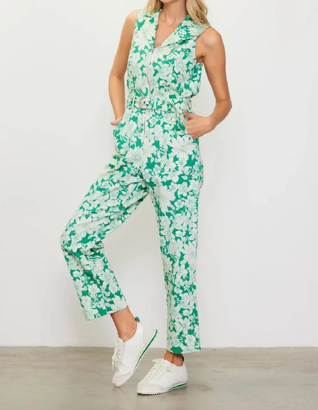 Lily Print Twill Sleeveless Jumpsuit In Green/white