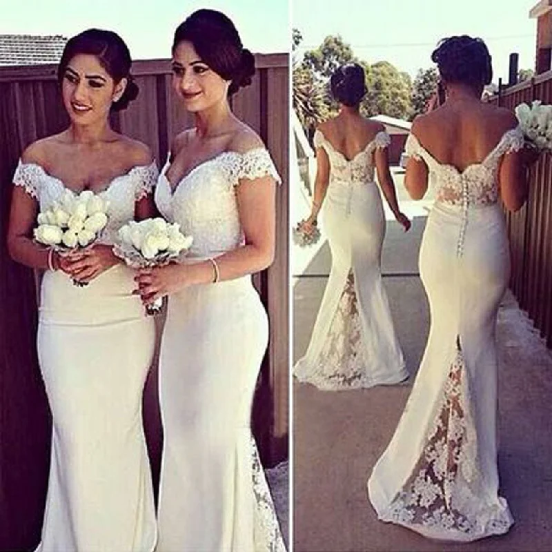 Sexy Ivory Long Cap Sleeve Lace Mermaid Long Bridesmaid Dresses, WG10