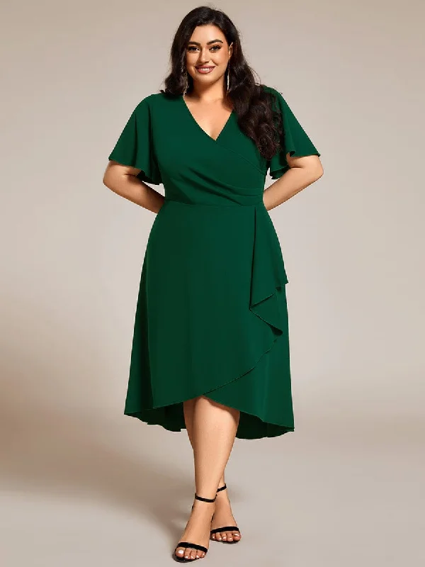 Plus Size High-Stretch V-neck Midi Wedding Guest Dress