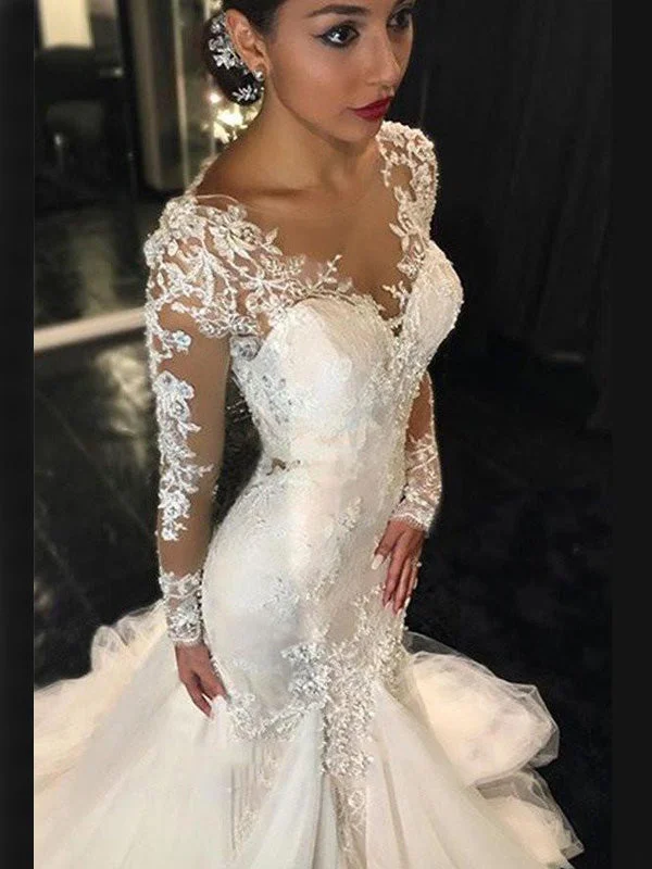 Luxury Illusion Lace Long Sleeve Sexy Mermaid Boho Long Wedding Dresses, WD0198