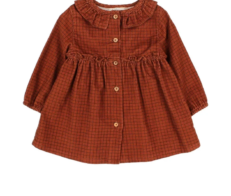 Girls Mini Check Dress In Brick