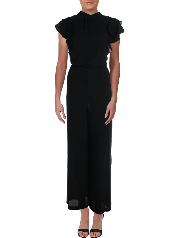 Wild Thing Womens Tie Neck Flutter Sleeve Jumpsuit