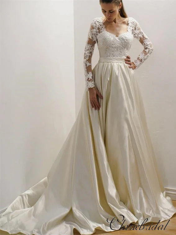 Long Sleeves V-neck Lace Top Satin Wedding Dresses, Bridal Gown