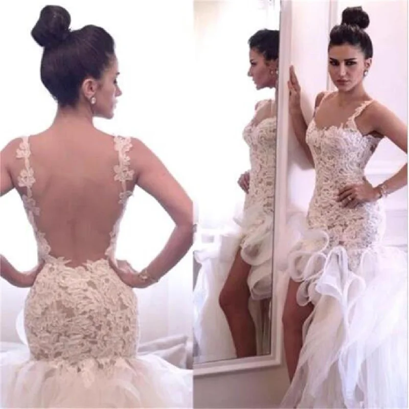 Sexy Backless Unique Design Hi-low Mermaid Lace  Bridal Gown Wedding Dresses, PD0280