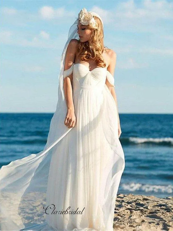 Off Shoulder Chiffon Beach Wedding Bridal Dresses, Simple Wedding Dresses