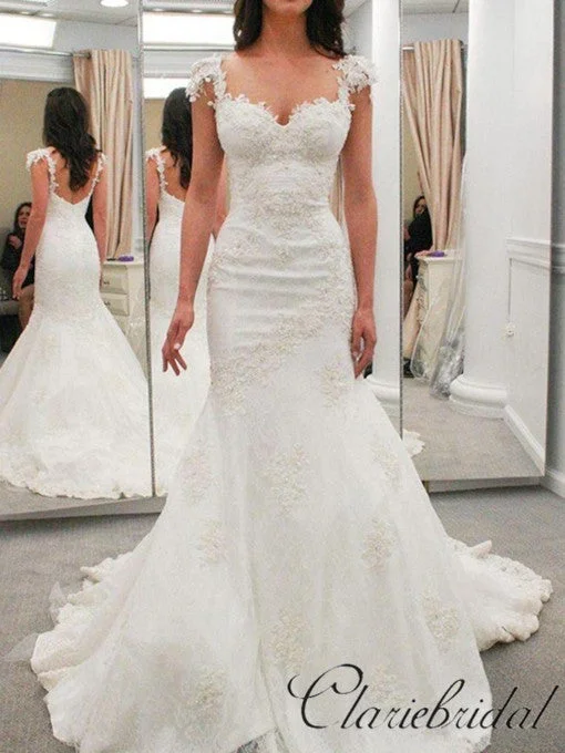 Cap Sleeves Mermaid Lace Elegant Wedding Dresses, Popular Wedding Dresses