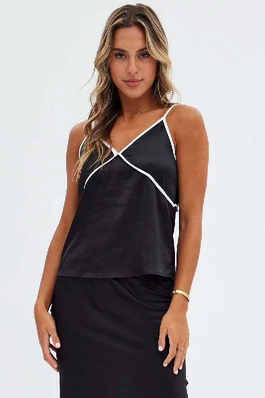 Black Contrast Cami Sleeveless V Neck Relaxed