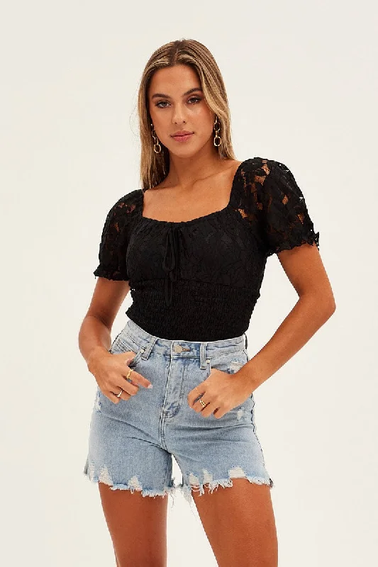 Black Lace Bodysuit Short Sleeve Sweetheart Neckline