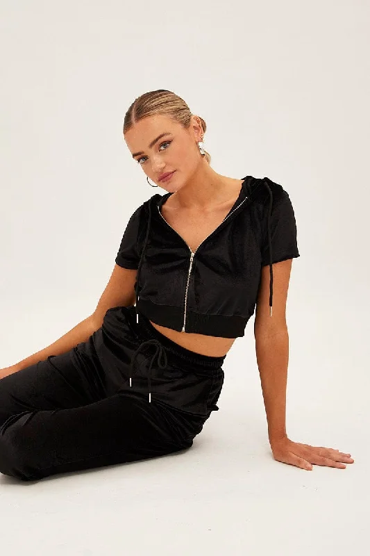 Black Velour Short Sleeve Zip Lounge Hoodie